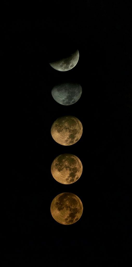Stunning depiction of the moon's phases from crescent to full against a dark night sky.